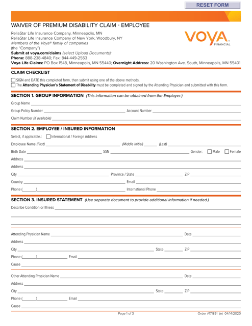 Voya Life Insurance Waiver of Premium Disability Claim Form - Employee - New Hampshire
