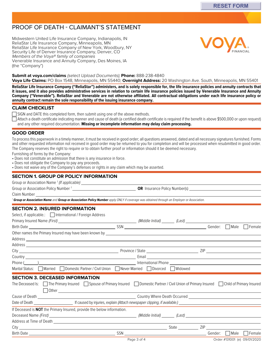 Proof of Death - Claimants Statement - Voya Life Insurance - New Hampshire, Page 3