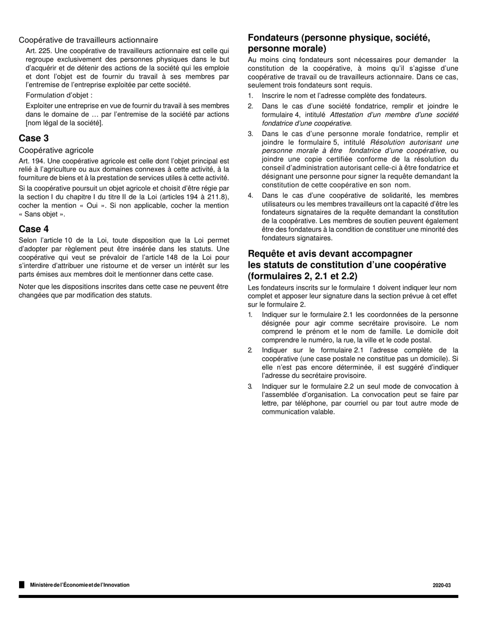 Instruction pour Forme 1, F-CO01 Statuts De Constitution Dune Cooperative - Quebec, Canada (French), Page 2