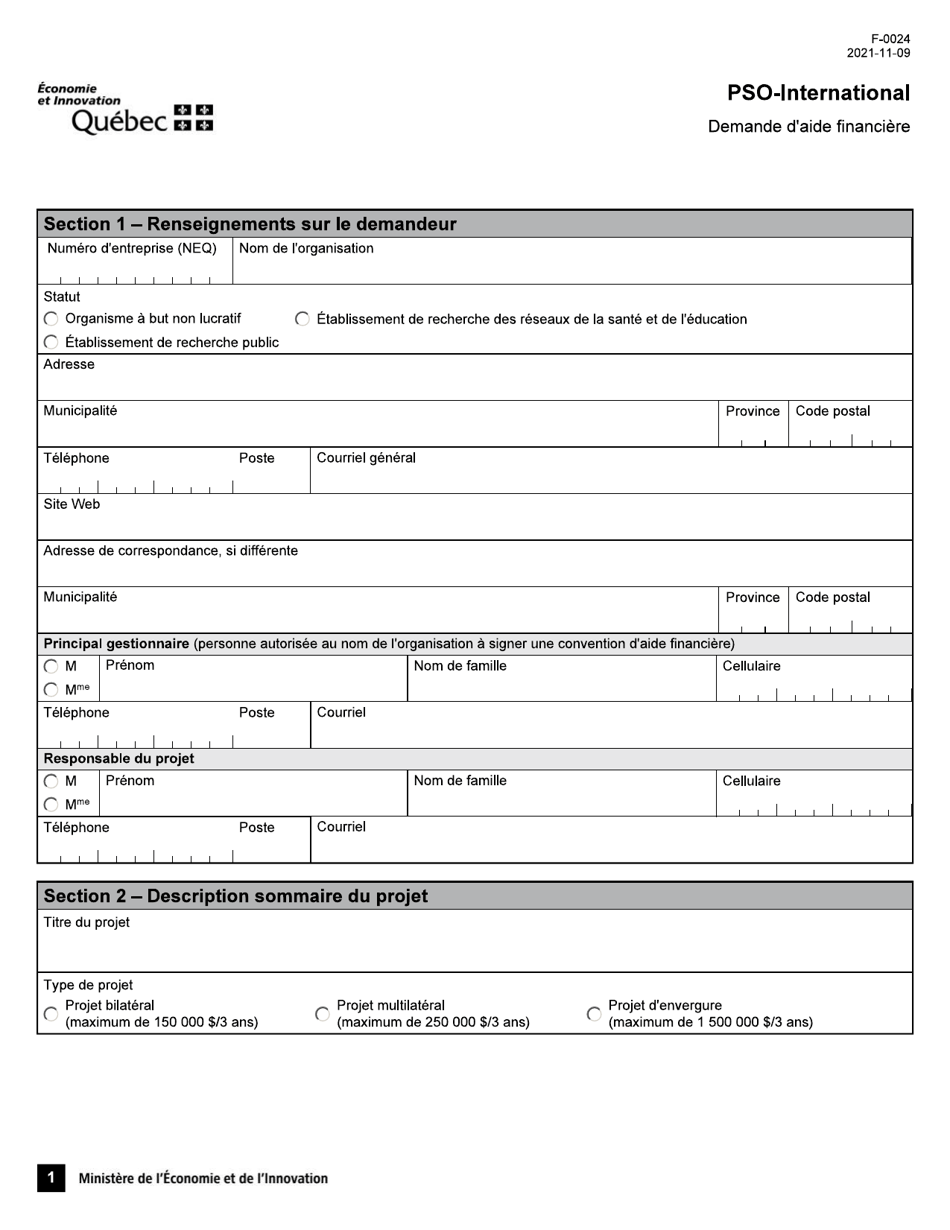 Form F-0024 Demande Daide Financiere - Pso-International - Quebec, Canada, Page 1