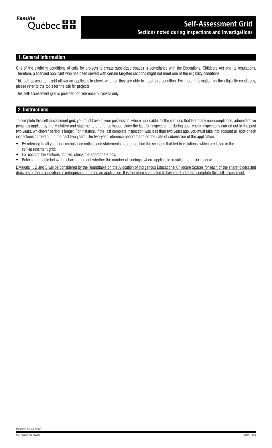 Form FO-1520A Self-assessment Grid - Sections Noted During Inspections and Investigations - Quebec, Canada, Page 1