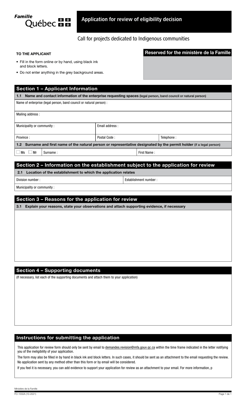 Form FO-1550A Application for Review of Eligibility Decision - Quebec, Canada, Page 1