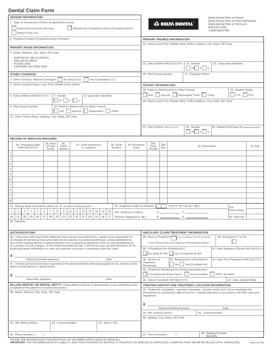 Northeast Delta Dental Claim Form - New Hampshire, Page 1