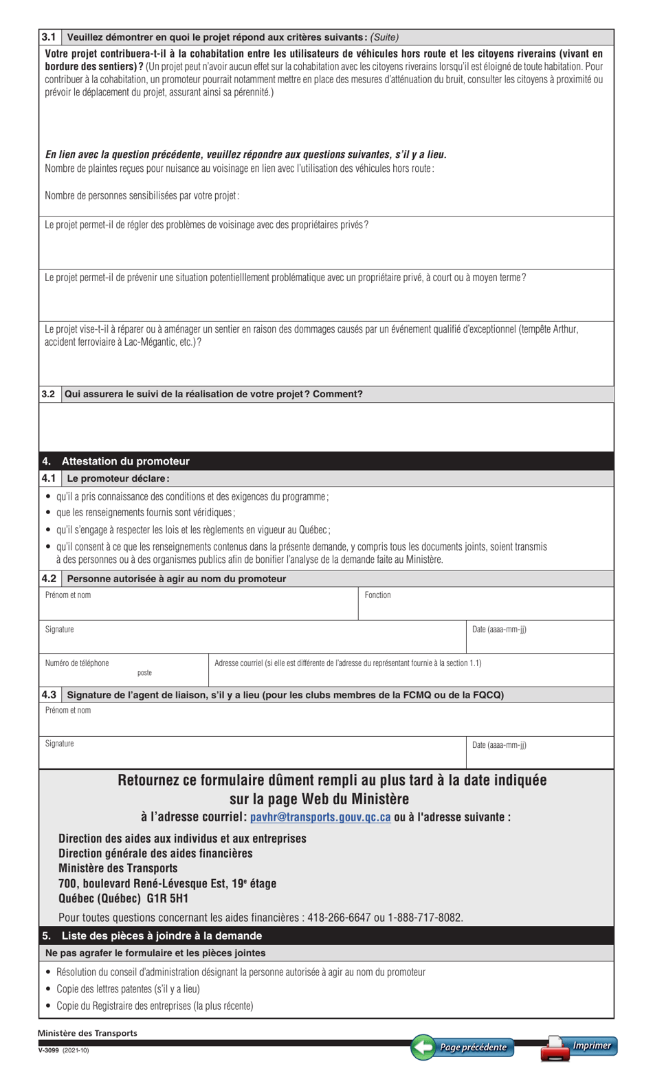 Forme V-3099 Volet 1 Demande Daide Financiere - Infrastructures Et Securite - Programme Daide Financiere Aux Vehicules Hors Route - Quebec, Canada (French), Page 4