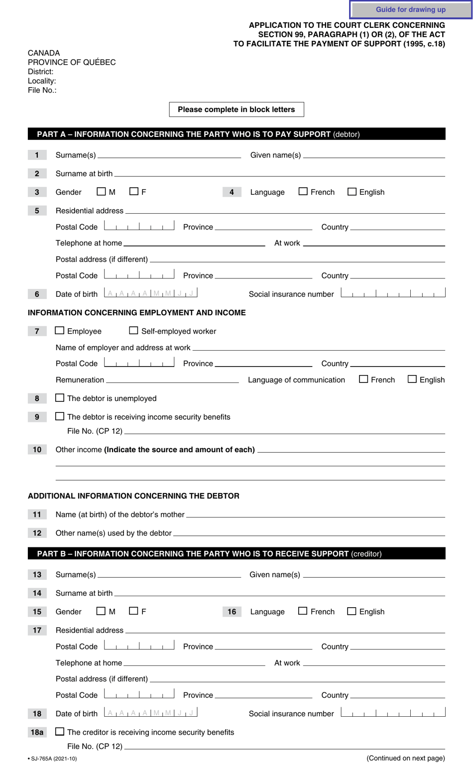 Form SJ-765A Application to the Court Clerk Concerning Section 99, Par. (1) or (2), of the Act to Facilitate the Payment of Support - Quebec, Canada, Page 2