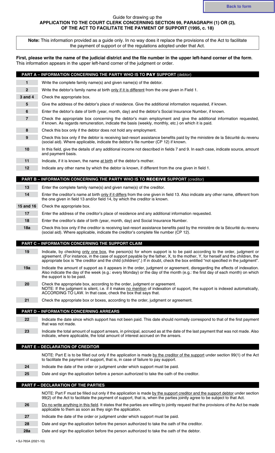 Form SJ-765A Application to the Court Clerk Concerning Section 99, Par. (1) or (2), of the Act to Facilitate the Payment of Support - Quebec, Canada, Page 4