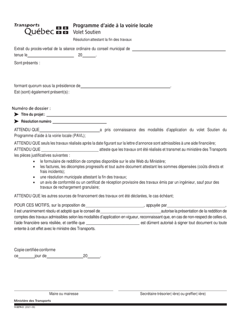 Forme V-3274-3 Resolution Attestant La Fin DES Travaux - Volet Soutien - Programme D'aide a La Voirie Locale - Quebec, Canada (French)