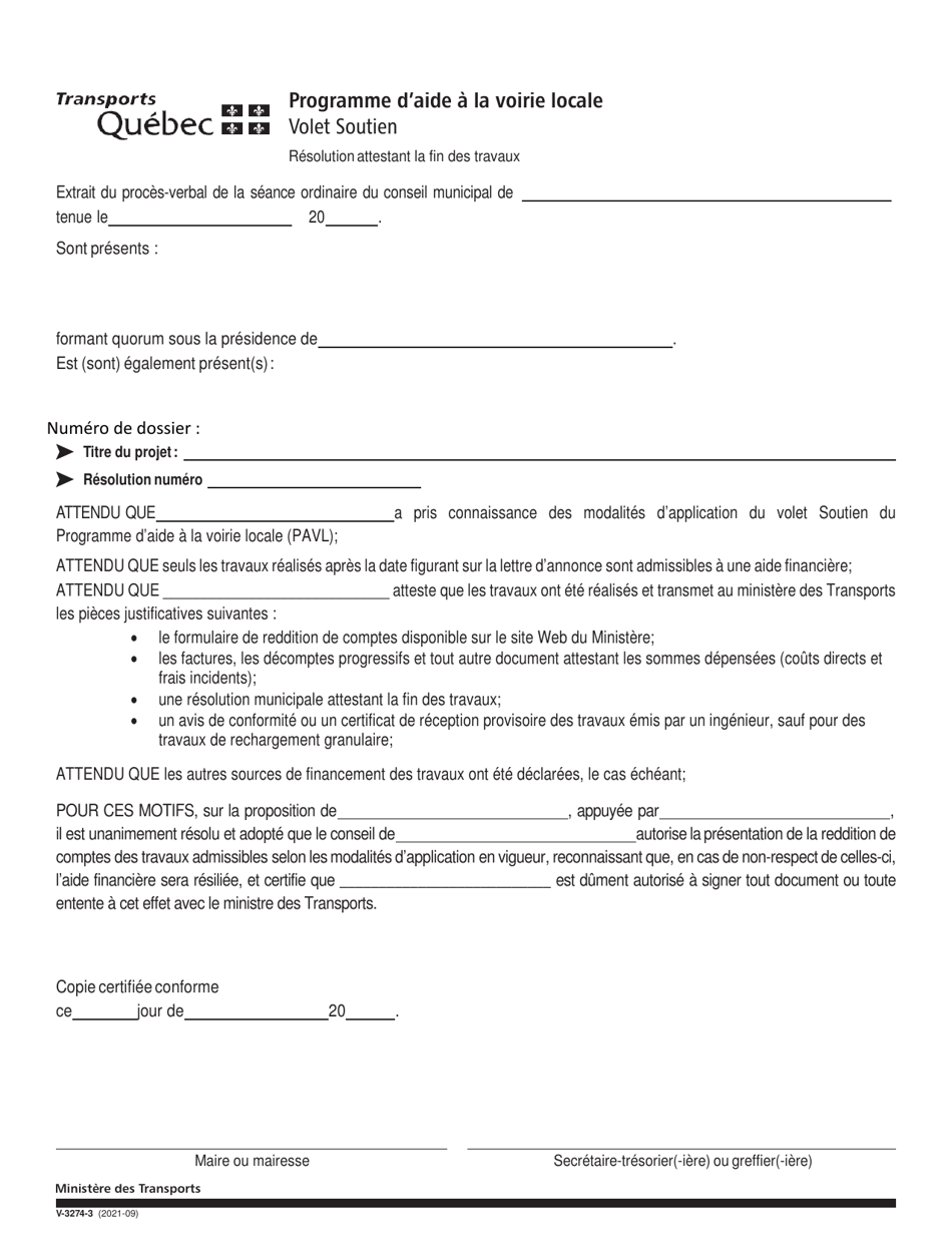 Forme V-3274-3 Resolution Attestant La Fin DES Travaux - Volet Soutien - Programme Daide a La Voirie Locale - Quebec, Canada (French), Page 1