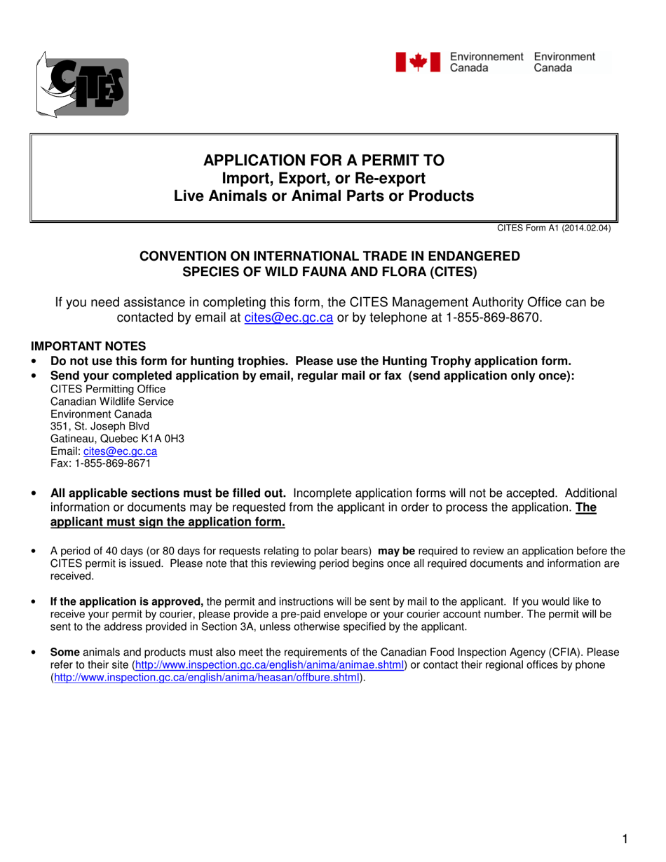 CITES Form A1 Application for a Permit to Import, Export, or Re-export Live Animals or Animal Parts or Products - Canada, Page 1