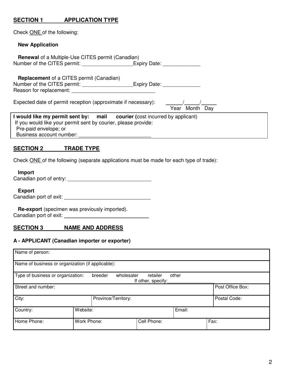 CITES Form A1 Application for a Permit to Import, Export, or Re-export Live Animals or Animal Parts or Products - Canada, Page 2