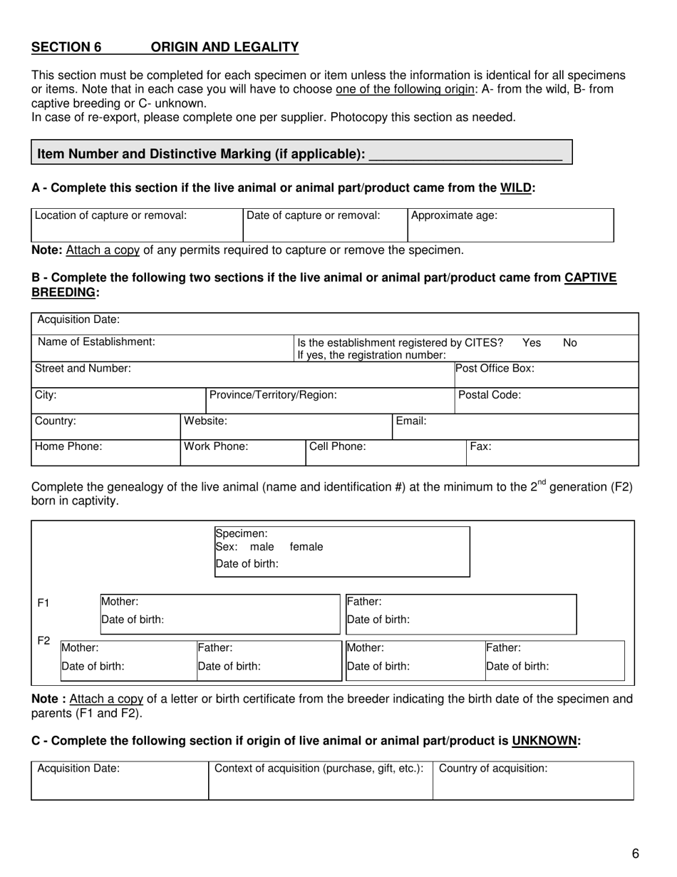 CITES Form A1 Application for a Permit to Import, Export, or Re-export Live Animals or Animal Parts or Products - Canada, Page 6