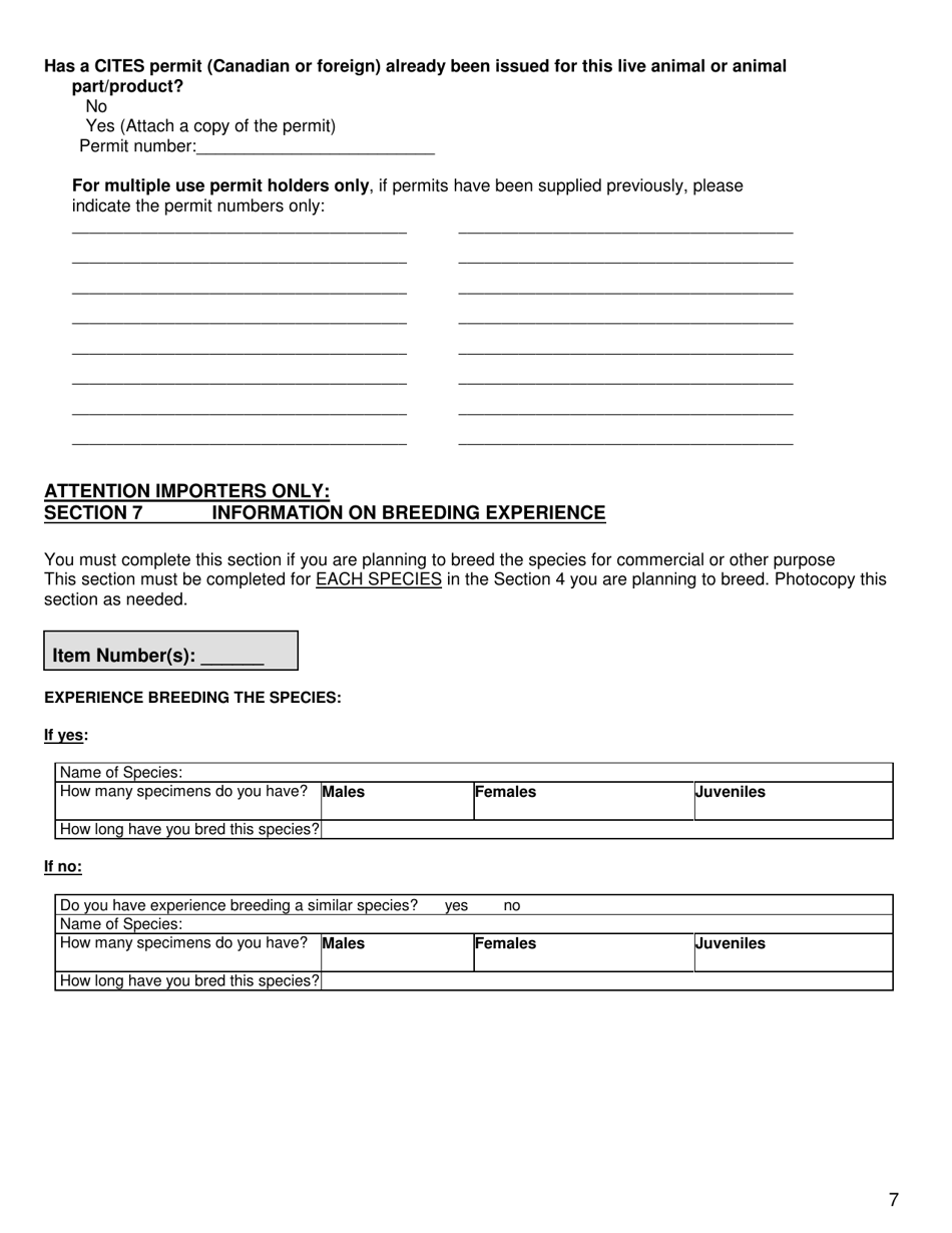 CITES Form A1 Application for a Permit to Import, Export, or Re-export Live Animals or Animal Parts or Products - Canada, Page 7