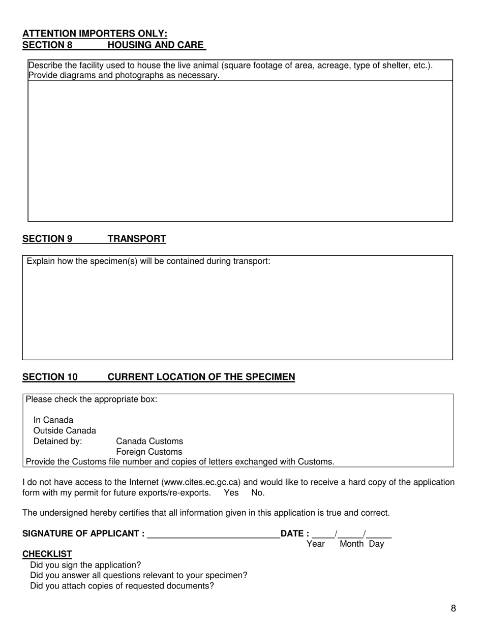 CITES Form A1 Application for a Permit to Import, Export, or Re-export Live Animals or Animal Parts or Products - Canada, Page 8