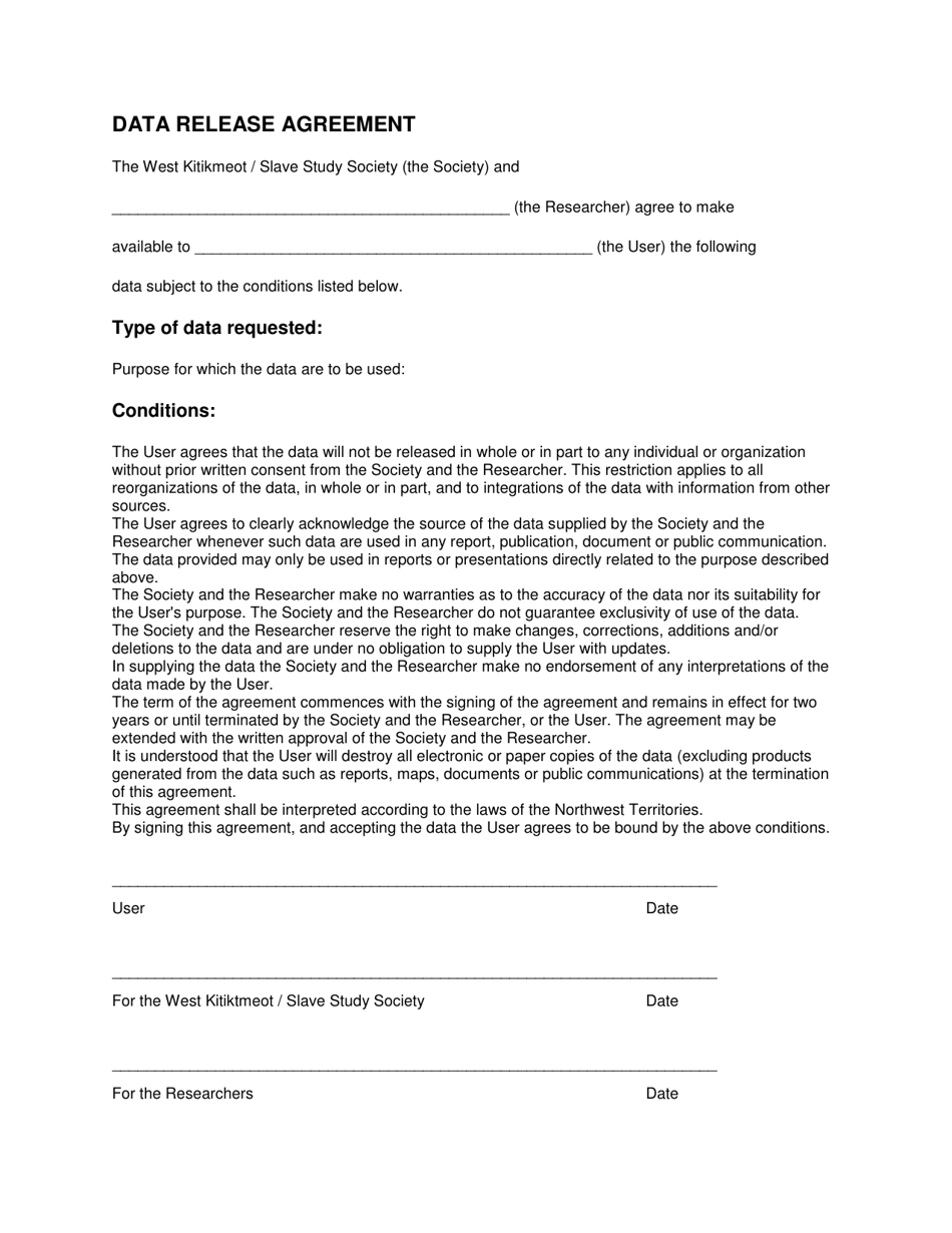 Data Release Agreement - Northwest Territories, Canada, Page 1