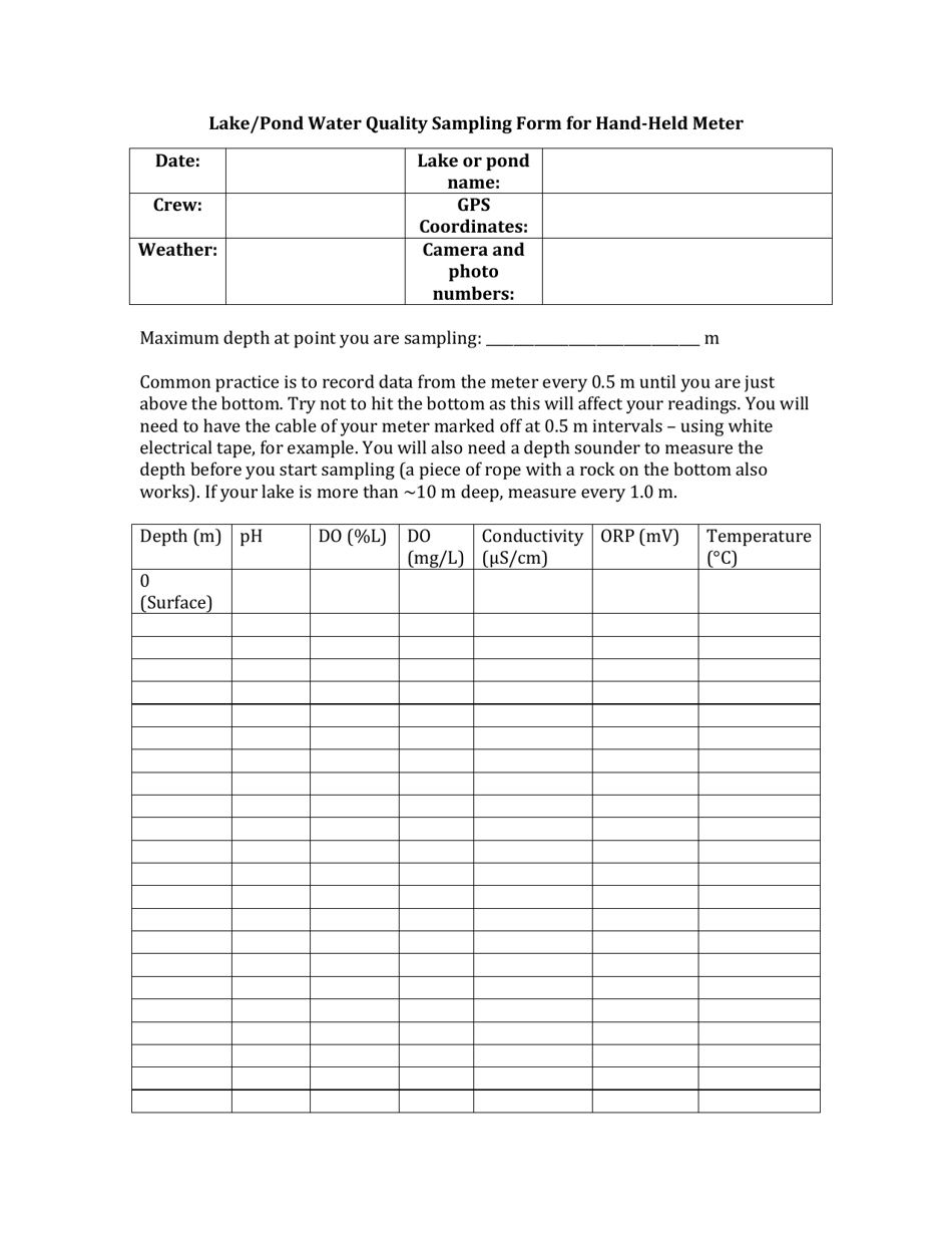 Lake / Pond Water Quality Sampling Form for Hand-Held Meter - Northwest Territories, Canada, Page 1
