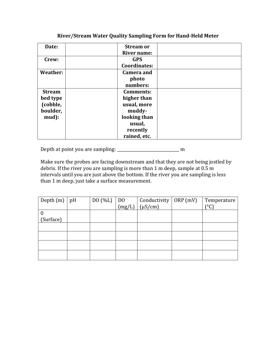 River / Stream Water Quality Sampling Form for Hand-Held Meter - Northwest Territories, Canada, Page 1