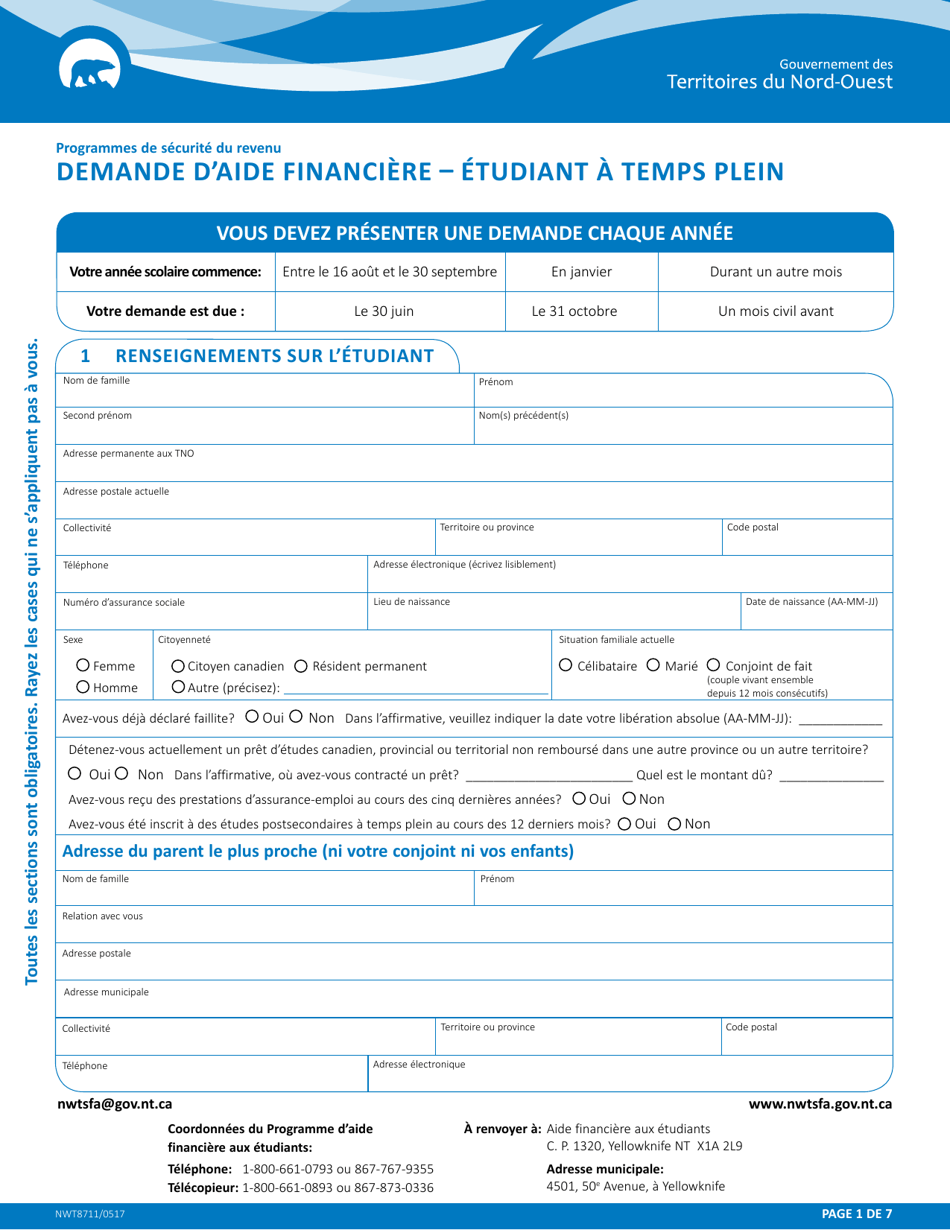 Forme NWT8711 Demande Daide Financiere - Etudiant a Temps Plein - Northwest Territories, Canada (French), Page 1