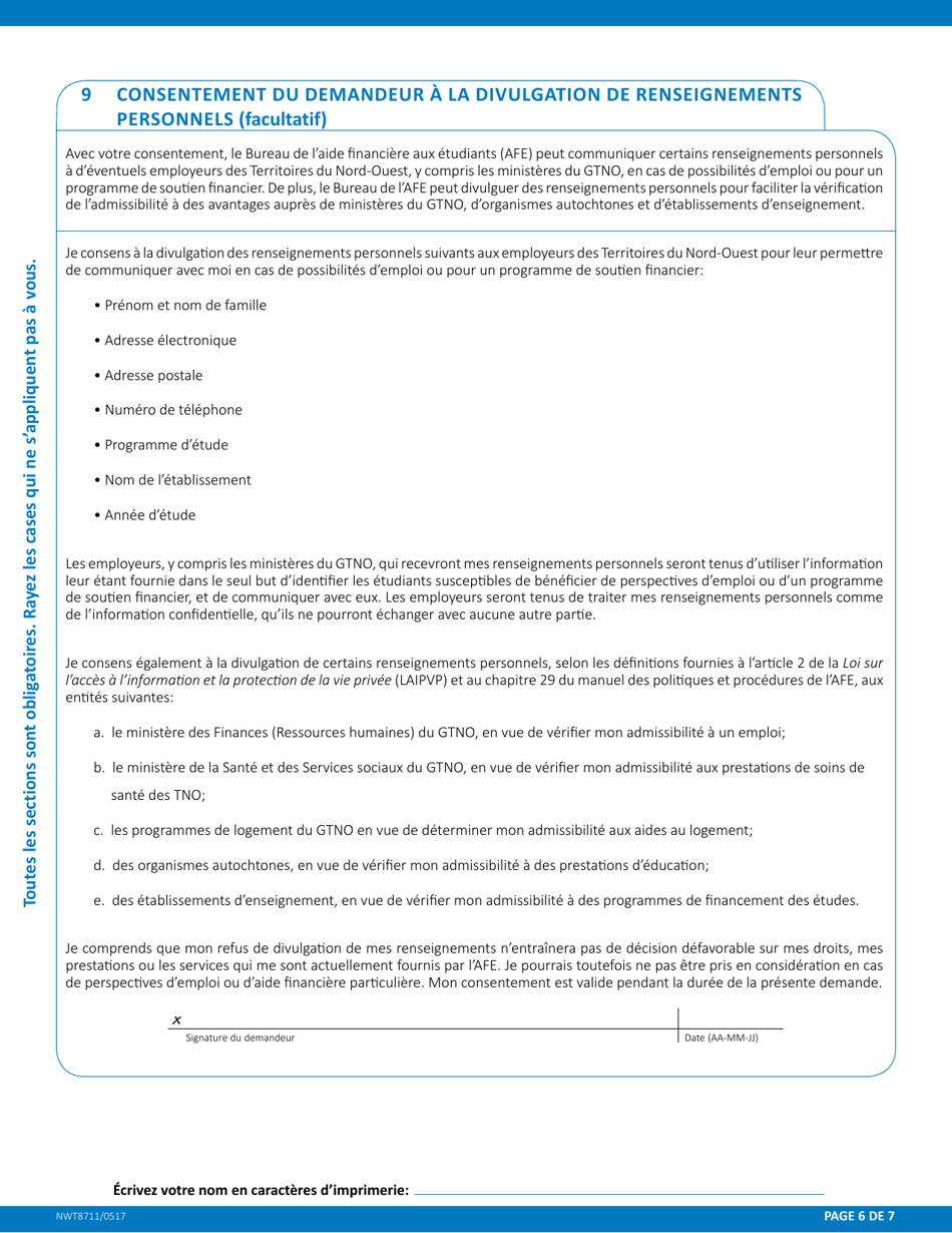 Forme NWT8711 Demande Daide Financiere - Etudiant a Temps Plein - Northwest Territories, Canada (French), Page 6