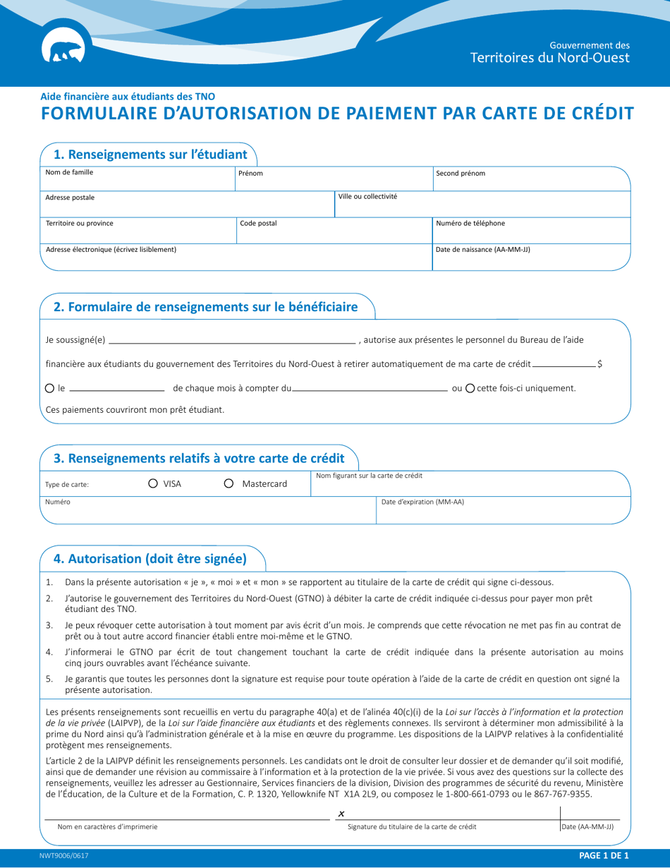 Forme NWT9006 Formulaire Dautorisation De Paiement Par Carte De Credit - Northwest Territories, Canada (French), Page 1