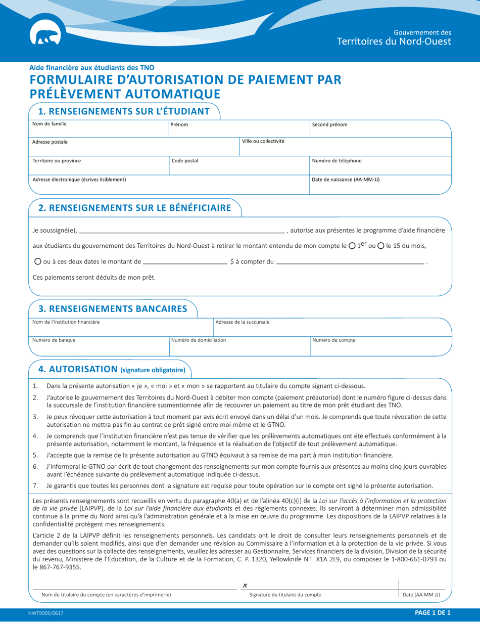 Forme NWT9005 Formulaire Dautorisation De Paiement Par Prelevement Automatique - Northwest Territories, Canada (French), Page 1
