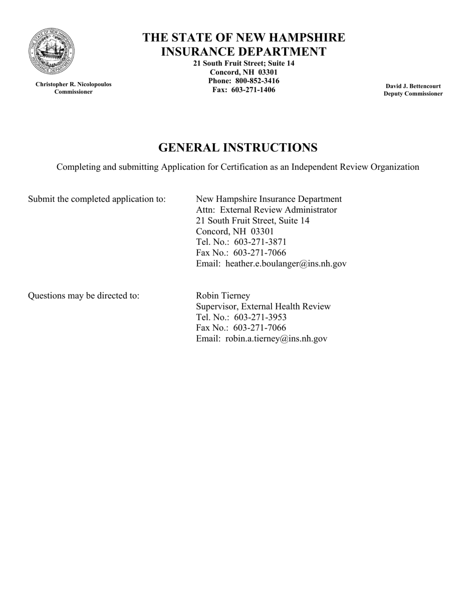 Application for Certification as an Independent Review Organization (Iro) - New Hampshire, Page 1