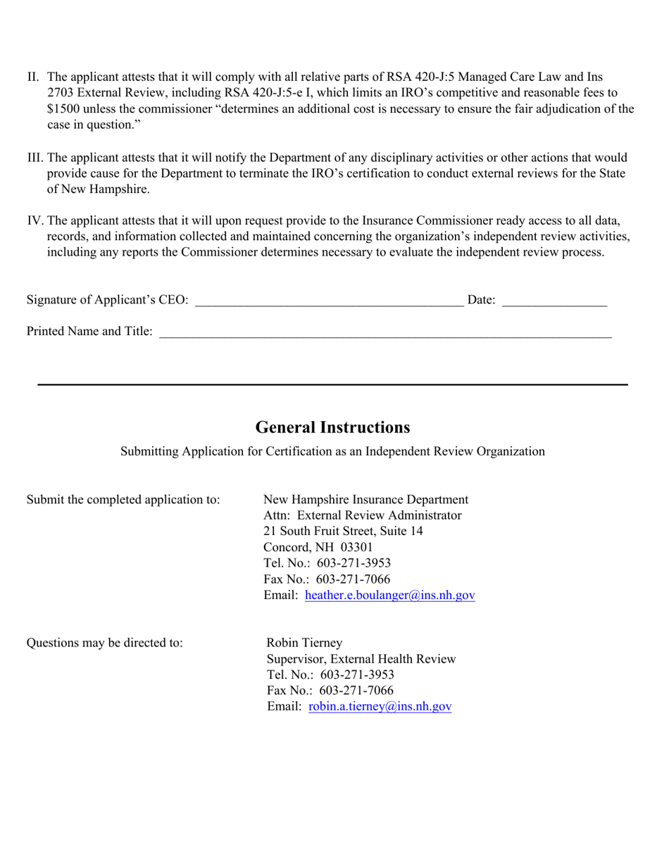 New Hampshire Application for Certification as an Independent Review