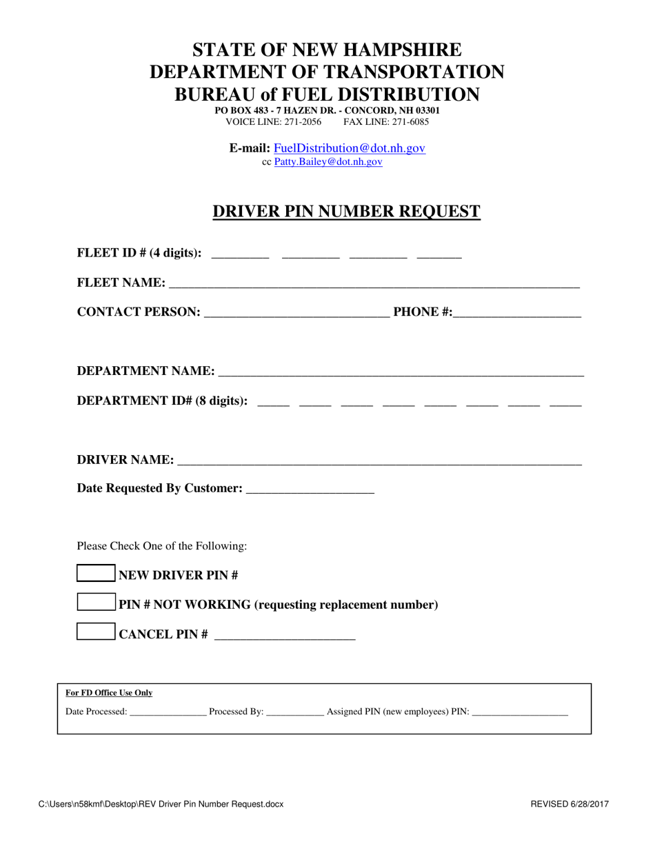 New Hampshire Driver Pin Number Request Fill Out, Sign Online and