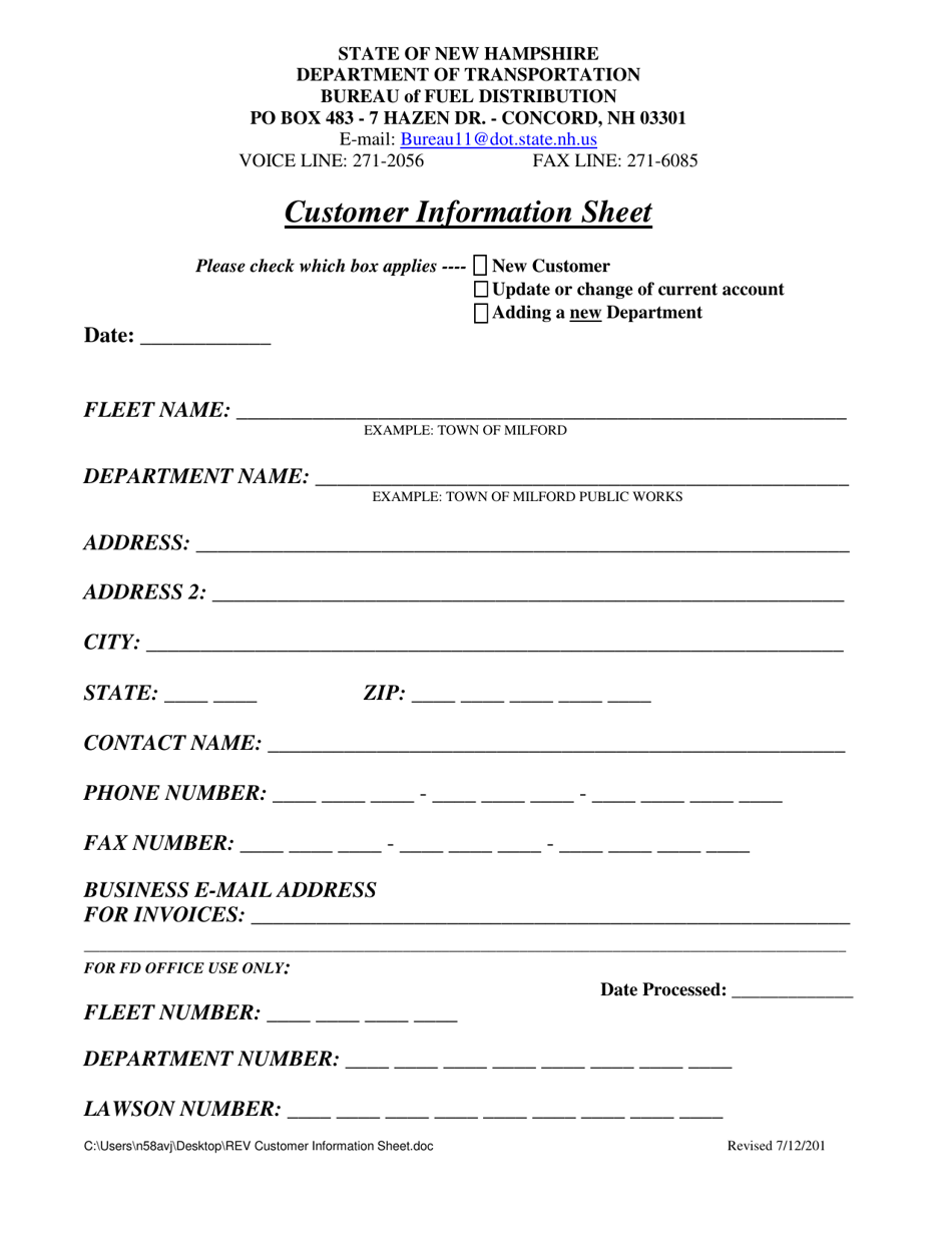 Customer Information Sheet - New Hampshire, Page 1