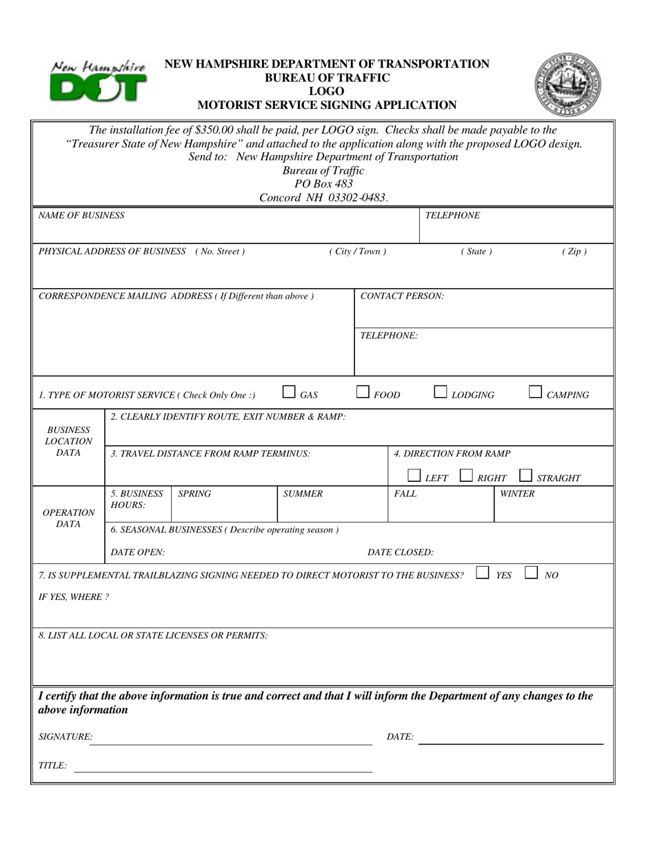 Motorist Service Signing Application - New Hampshire, Page 1