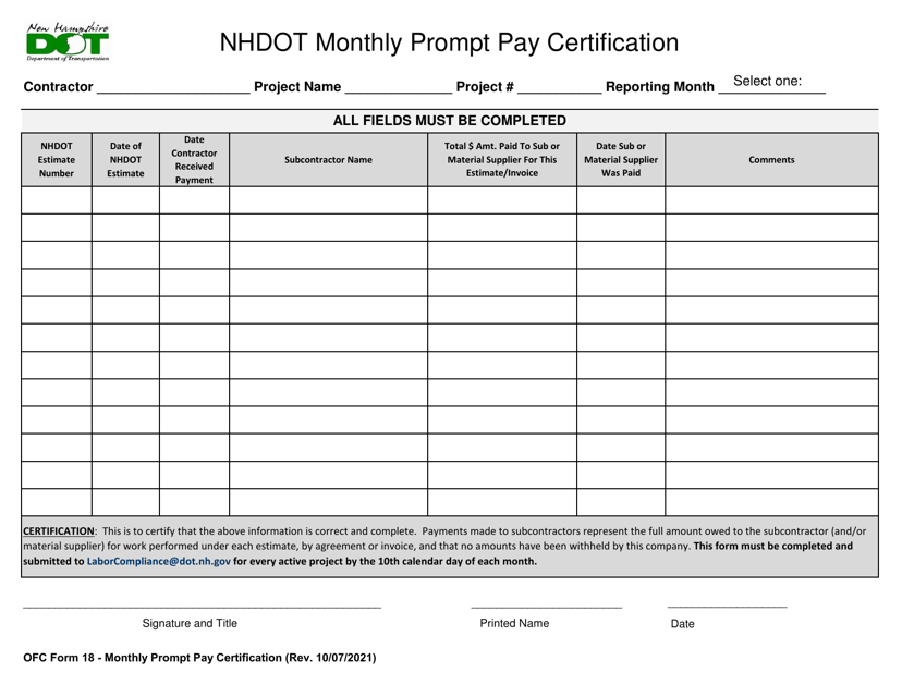 OFC Form 18 Nhdot Monthly Prompt Pay Certification - New Hampshire