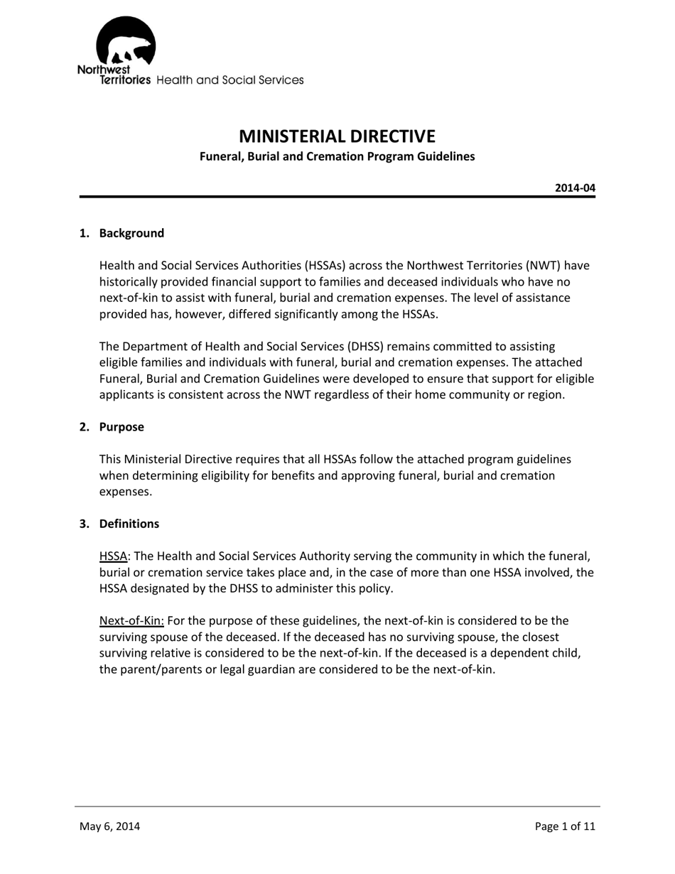 Ministerial Directive - Funeral, Burial and Cremation Program Guidelines - Northwest Territories, Canada, Page 1