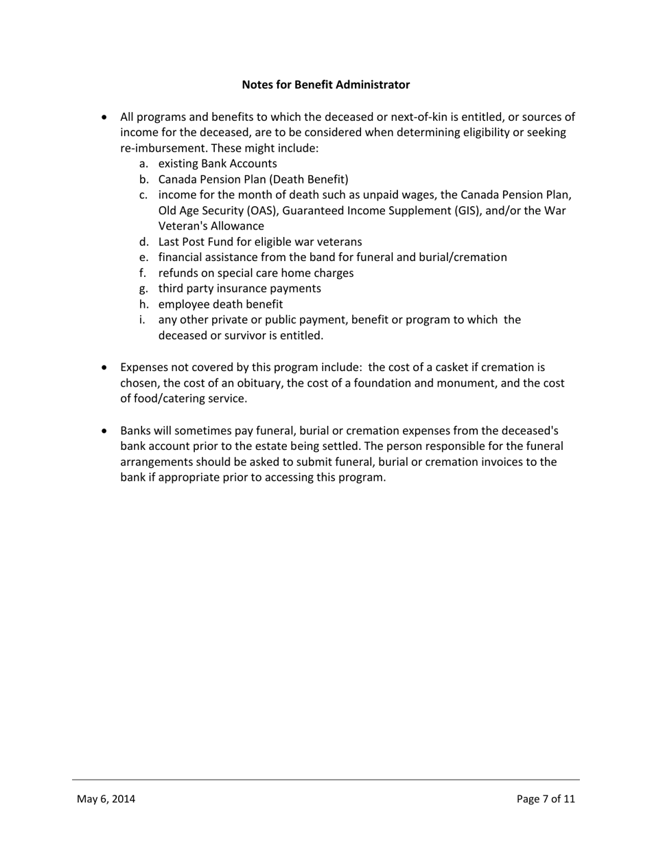 Ministerial Directive - Funeral, Burial and Cremation Program Guidelines - Northwest Territories, Canada, Page 7