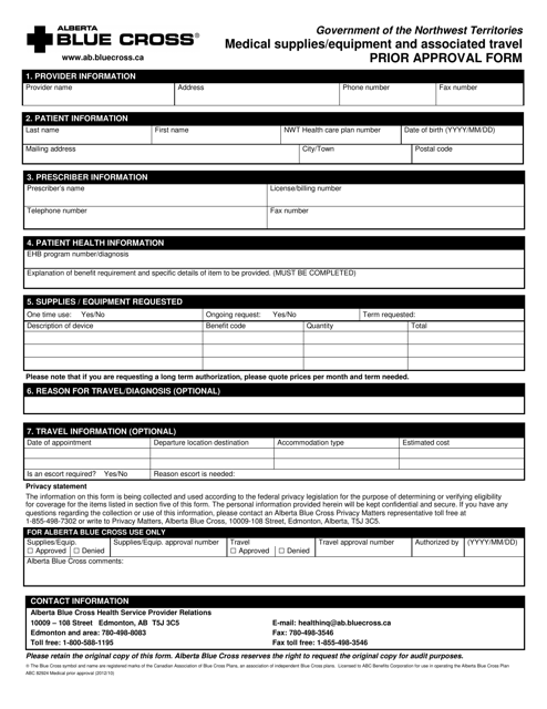 Form ABC82924 Medical Supplies/Equipment and Associated Travel Prior Approval Form - Northwest Territories, Canada