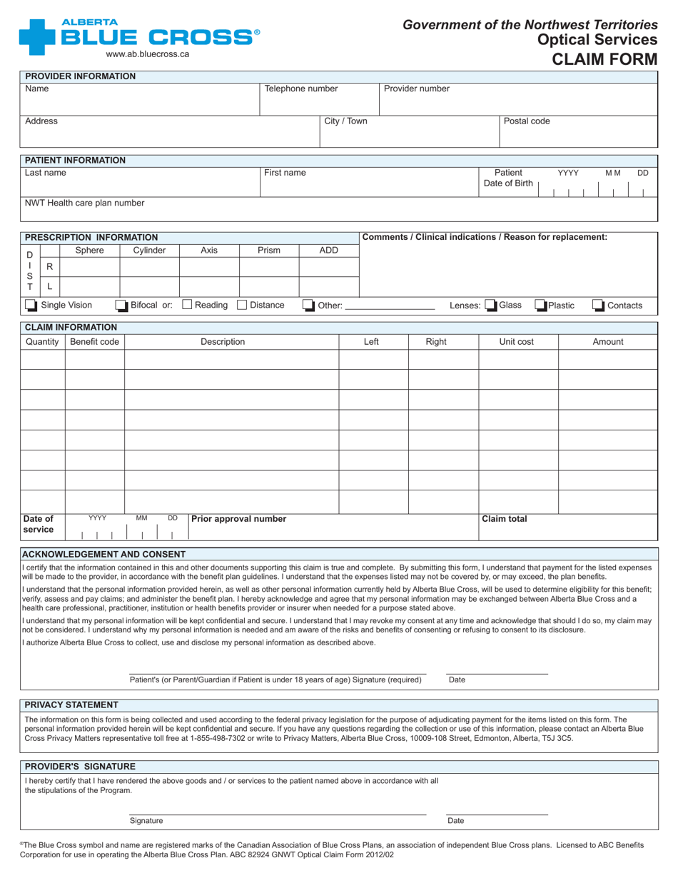 Optical Services Claim Form - Northwest Territories, Canada, Page 1