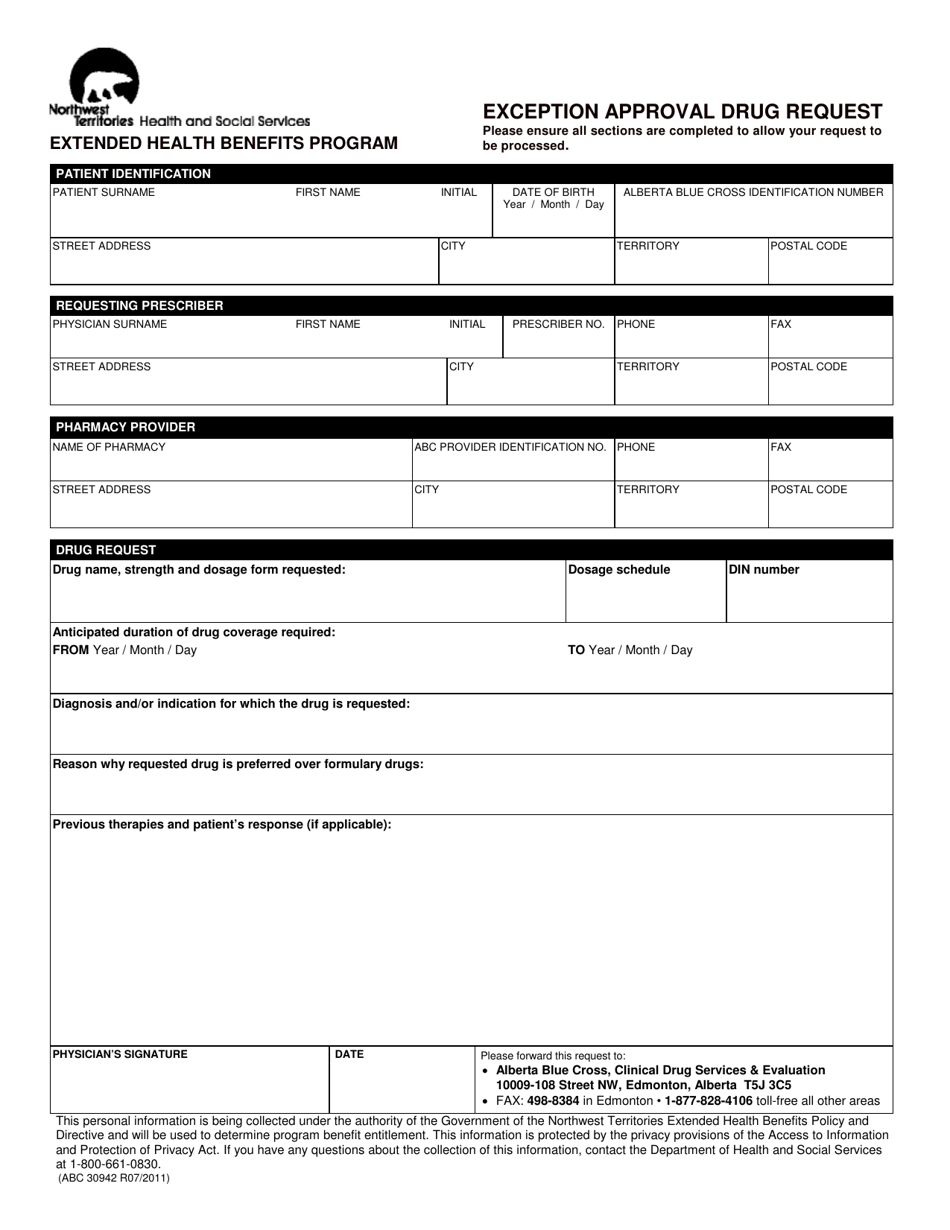 Form ABC30942 Exception Approval Drug Request - Northwest Territories, Canada, Page 1