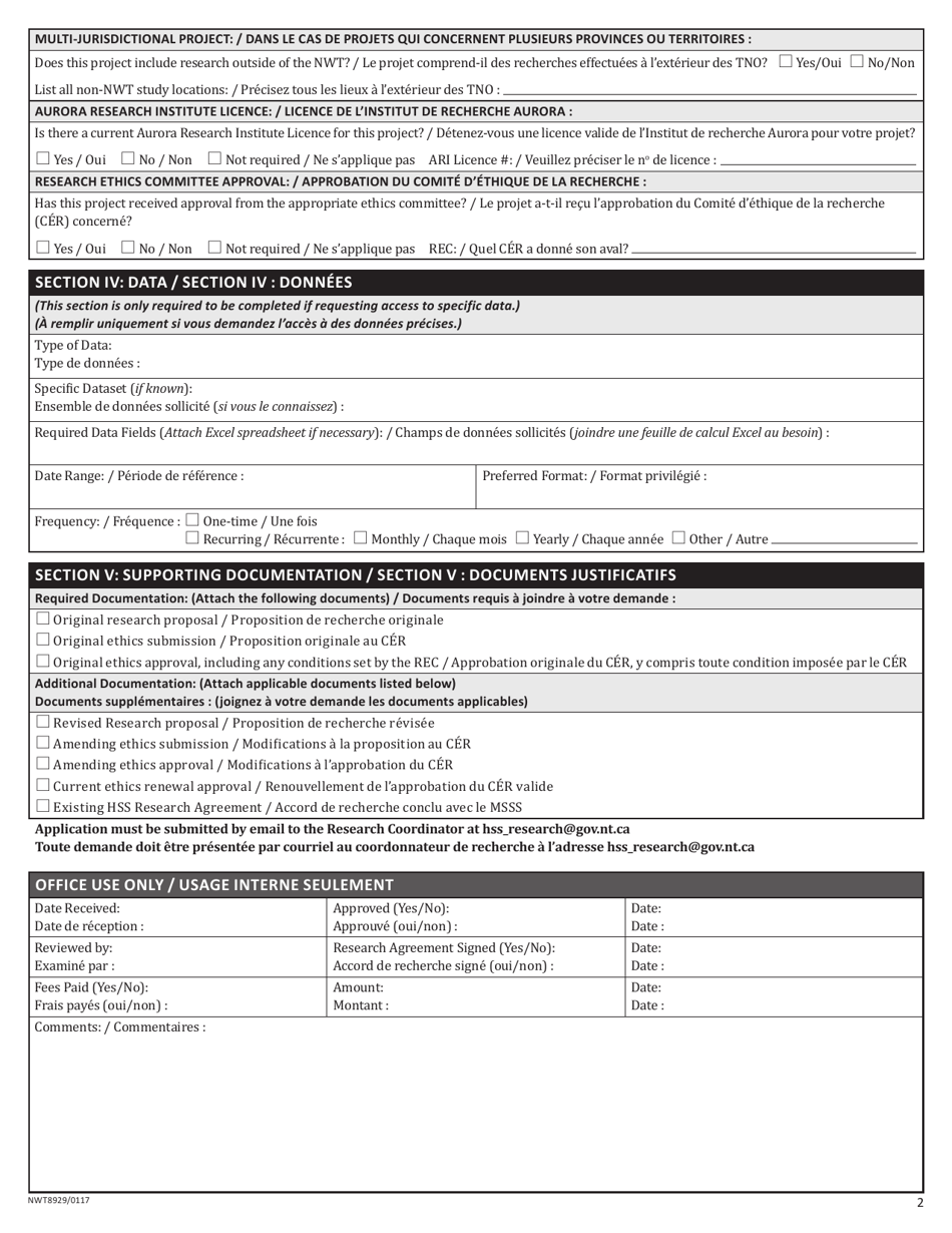Form NWT8929 Research Support Application Form - Northwest Territories, Canada (English / French), Page 2