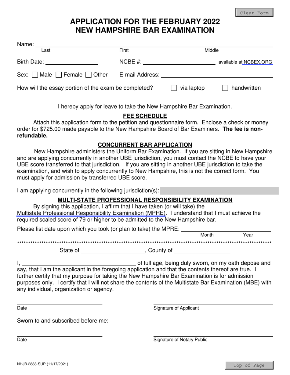 Form NHJB-2888-SUP Application for the February 2022 New Hampshire Bar Examination - New Hampshire, Page 1
