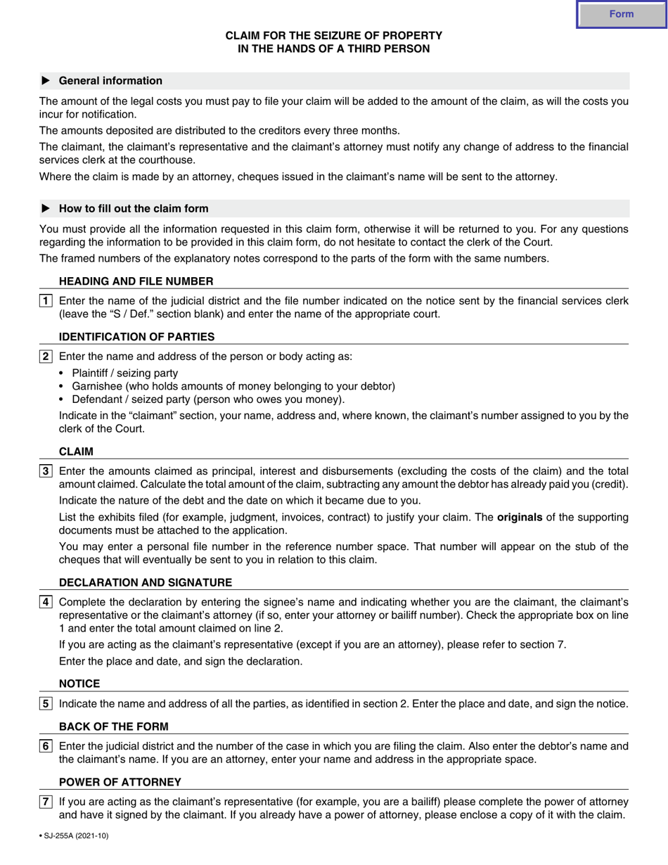 Form SJ-255A Claim for the Seizure of Property in the Hands of a Third Person - Quebec, Canada, Page 2