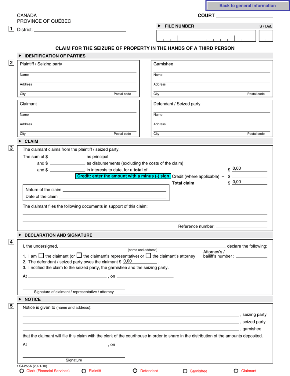 Form SJ-255A Claim for the Seizure of Property in the Hands of a Third Person - Quebec, Canada, Page 3