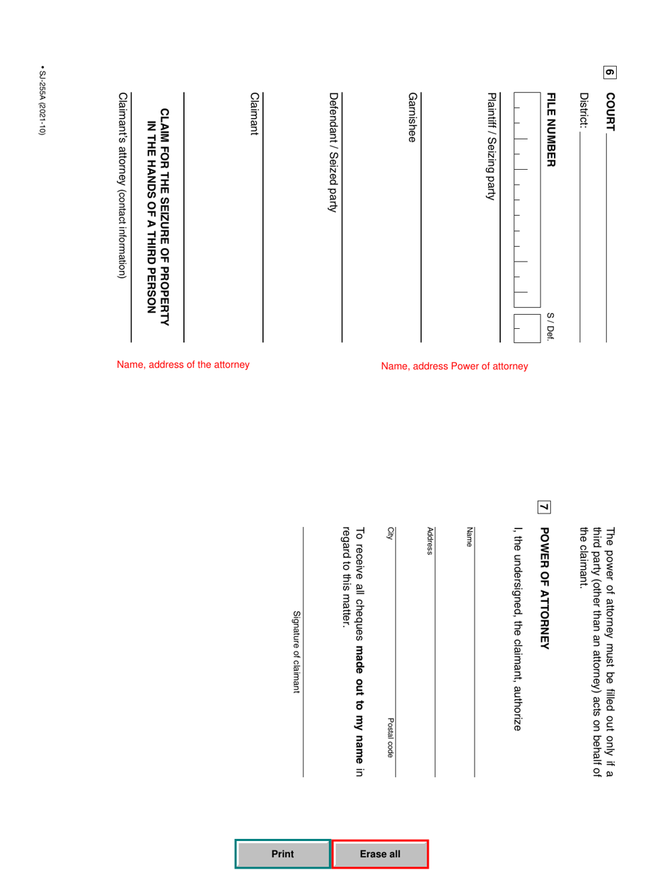 Form SJ-255A Claim for the Seizure of Property in the Hands of a Third Person - Quebec, Canada, Page 4