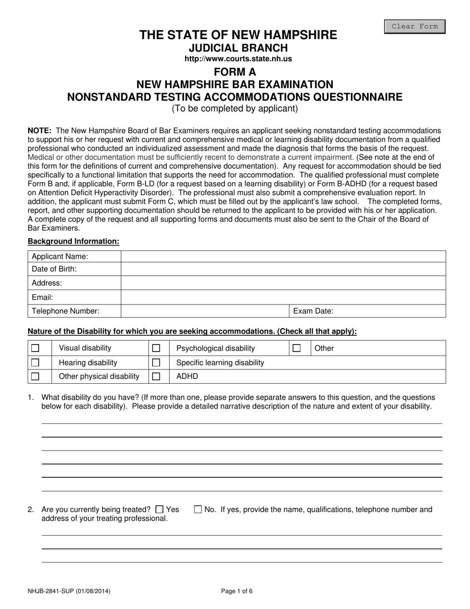 Form A (NHJB-2841-SUP) New Hampshire Bar Examination Nonstandard Testing Accommodations Questionnaire - New Hampshire, Page 1