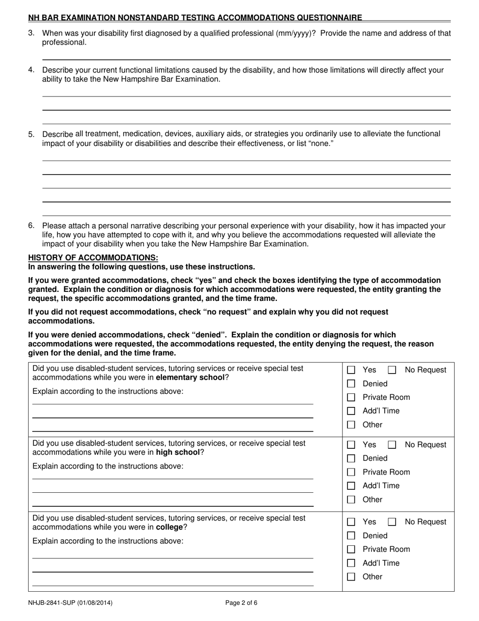 Form A (NHJB-2841-SUP) New Hampshire Bar Examination Nonstandard Testing Accommodations Questionnaire - New Hampshire, Page 2