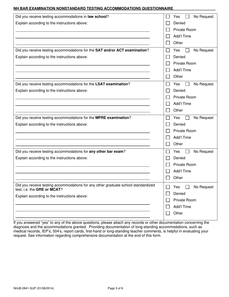 Form A (NHJB-2841-SUP) New Hampshire Bar Examination Nonstandard Testing Accommodations Questionnaire - New Hampshire, Page 3
