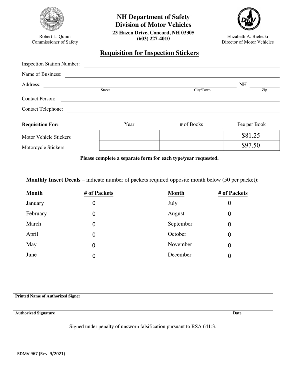 Form RDMV967 Requisition for Inspection Stickers - New Hampshire, Page 1