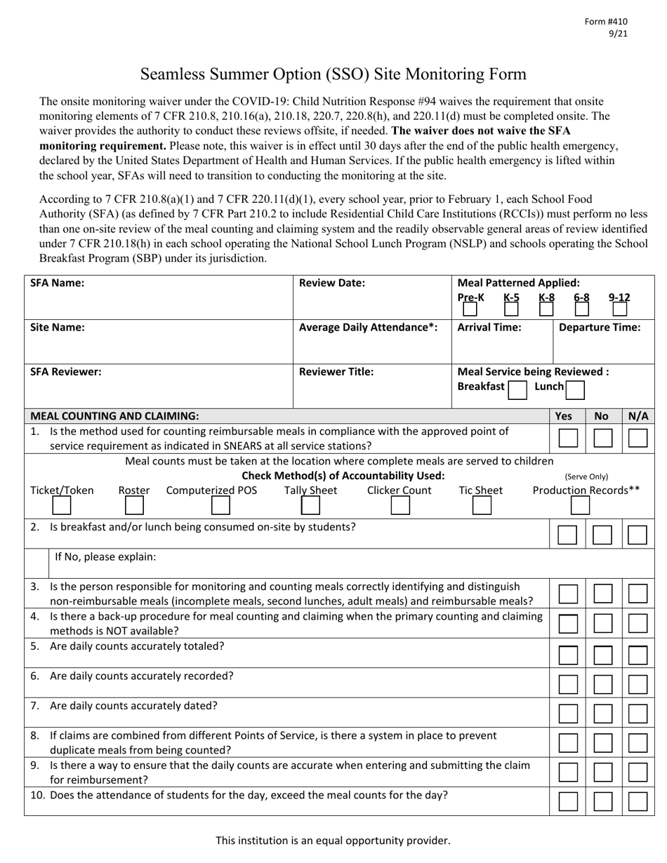 Form 410 Seamless Summer Option (Sso) Site Monitoring Form - New Jersey, Page 1