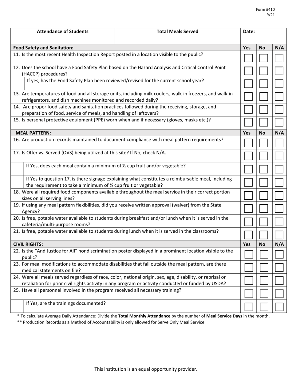 Form 410 Seamless Summer Option (Sso) Site Monitoring Form - New Jersey, Page 2