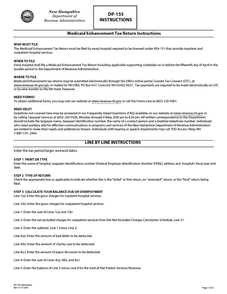 Instructions for Form DP-153 Medicaid Enhancement Tax Return - New Hampshire, Page 1