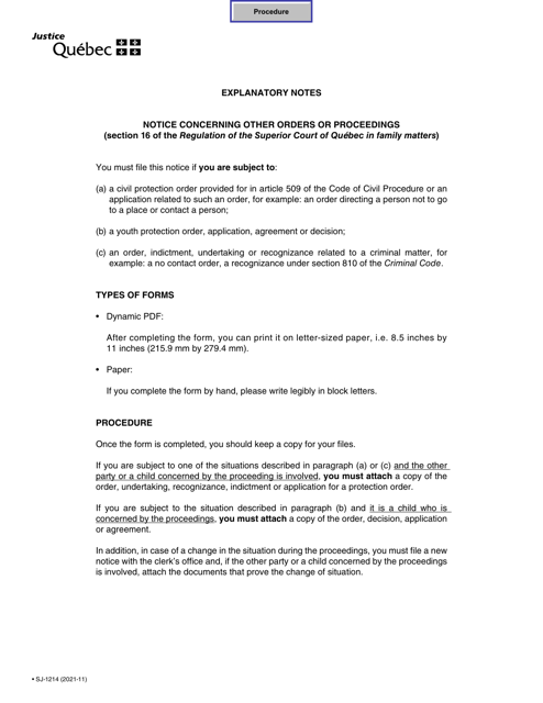 Form SJ-1214 Notice Concerning Other Orders or Proceedings - Quebec, Canada