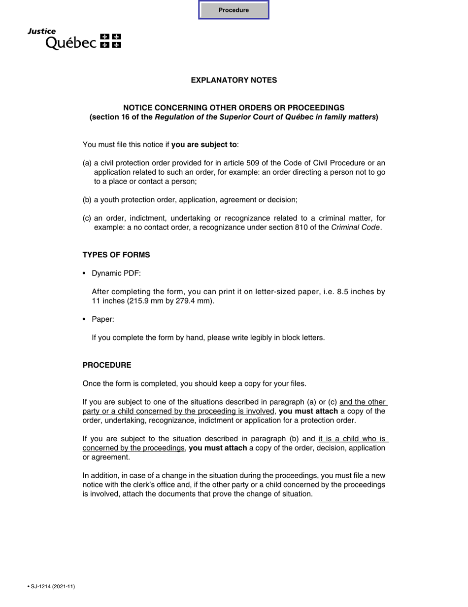 Form SJ-1214 Notice Concerning Other Orders or Proceedings - Quebec, Canada, Page 1