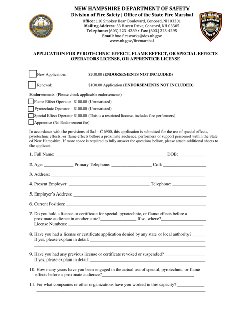Form DSFM92 Application for Pyrotechnic Effect, Flame Effect, or Special Effects Operators License, or Apprentice License - New Hampshire